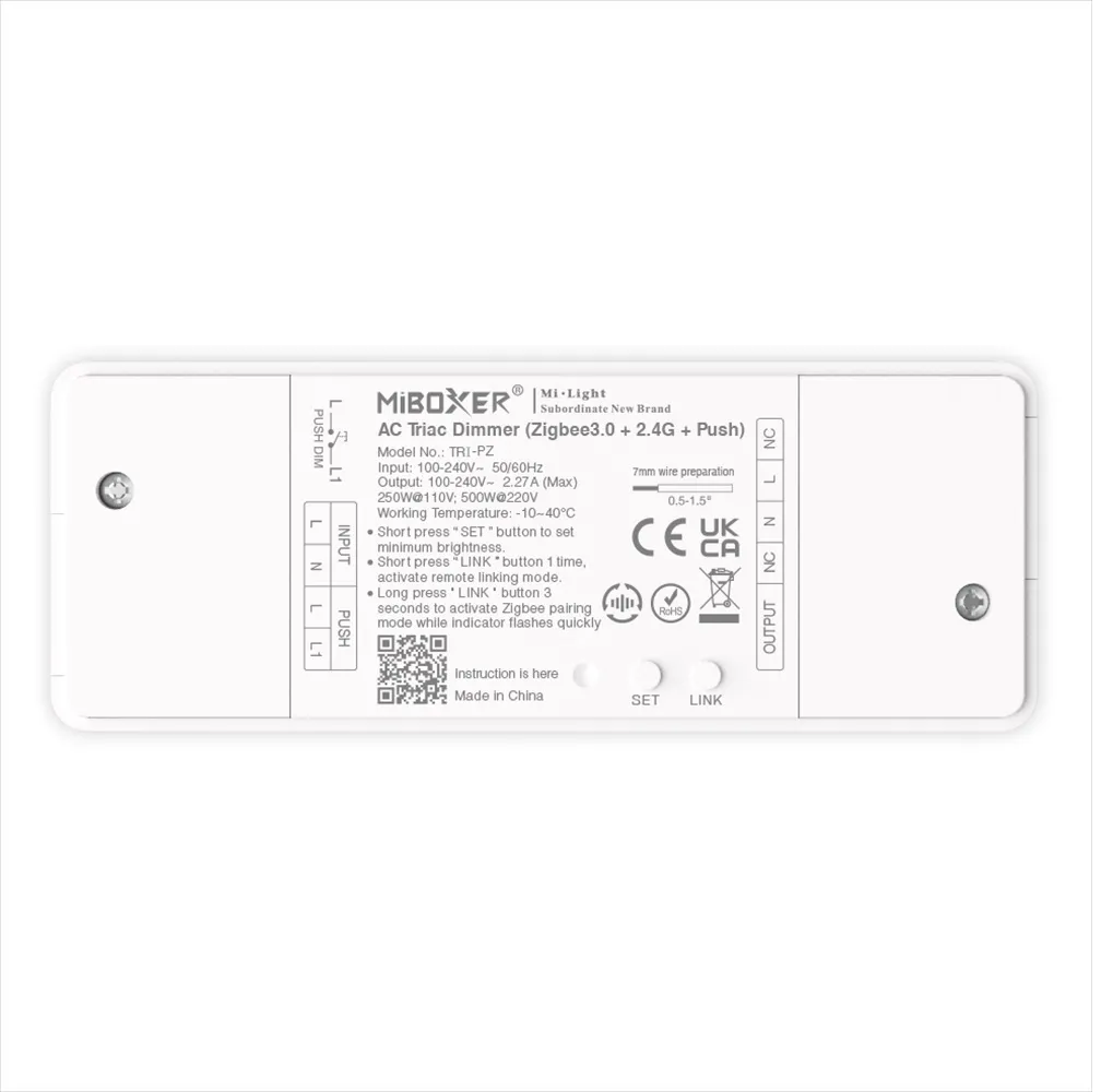 MiBoxer TRI-PZ LED Dimmer Controller AC TRIAC 500W Zigbee 3.0+2,4G+Push MiBoxer TRI-PZ LED Dimmer Controller AC TRIAC 500W Zigbee 3.0+2,4G+Push