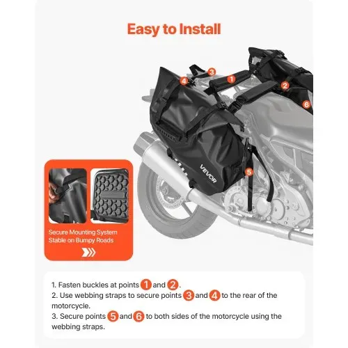 VEVOR Motorradtasche Motorrad Satteltasche 14 L x 2 wasserfest, große Seitensatteltasche für Motorradgepäck, Gepäckaufbewahrung mit unterem Gurt, Schwarz Seitentasche Outdoor Sport – Bild 3