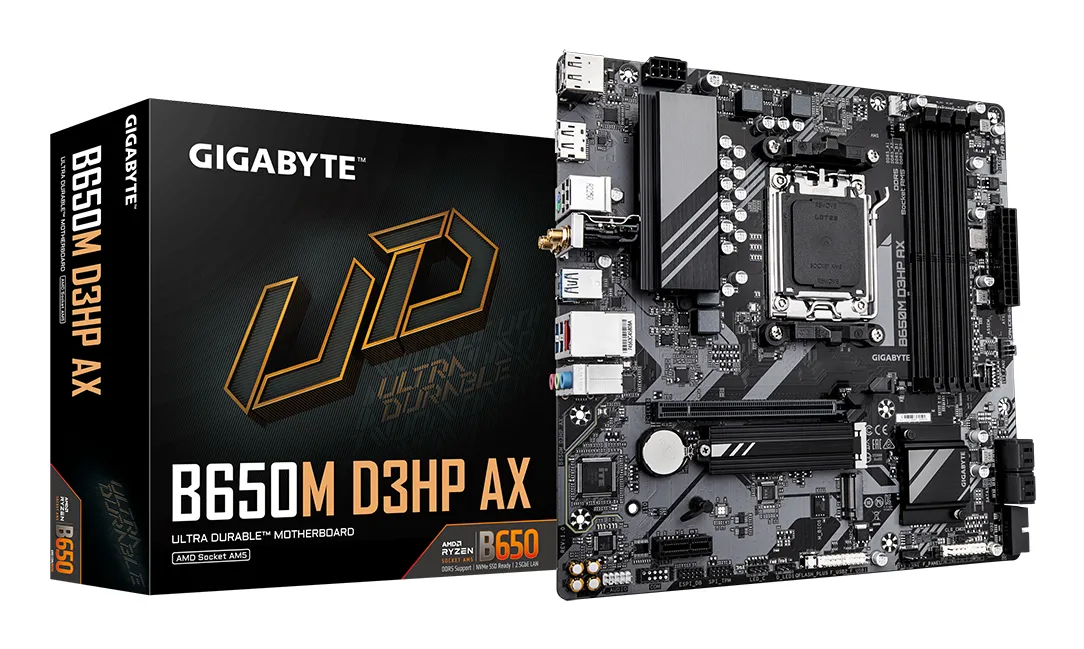 GIGABYTE B650M D3HP AX Mainboard – AMD Ryzen 9000er-Serie, 5+2+2 Phasen VRM, bis zu 8000 MHz DDR5 (OC), 2xPCIe 4.0 M.2, WIFI 6E, 2,5 GbE LAN, USB 3.2 Gen 1 GIGABYTE B650M D3HP AX Mainboard – AMD Ryzen 9000er-Serie, 5+2+2 Phasen VRM, bis zu 8000 MHz DDR5 (OC), 2xPCIe 4.0 M.2, WIFI 6E, 2,5 GbE LAN, USB 3.2 Gen 1