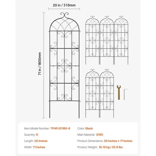 VEVOR Rankhilfe für Kletterpflanzen, 51x180 cm, 6er-Set rostfreies Metallspalier für Gartenblumen, Kletterhilfe, Rankgitter für Rosen, Gurkenstütze, dekoratives Clematis-Spalier für Innenhöfe & Rasen – Bild 6