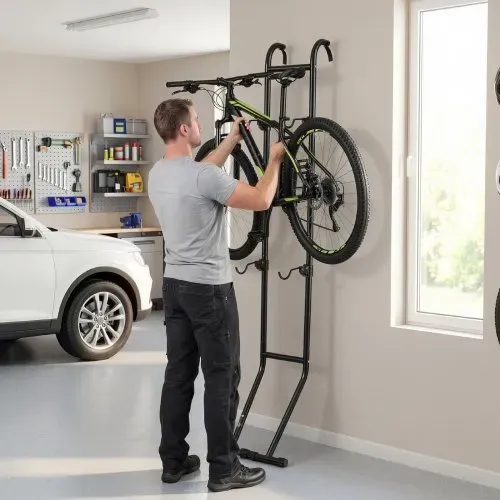 VEVOR Fahrradständer Vertikaler Abstellständer für 2 Fahrräder Schwarz, Kohlenstoffstahlrahmen, Mit Höhenverstellbare Haken, Freistehend & Bohrlos, Max. 45,5 kg Tragkraft, Universal für MTB Rennrad – Bild 7