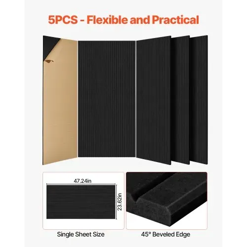 VEVOR 5er-Pack Akustikpaneele mit Selbstklebeband, 1200x600x10 mm schalldichte Schaumstoffplatten, Akustik Wandpaneele aus Polyesterfaser, für Zuhause, Studio, Büro, Theater, Schwarz – Bild 5