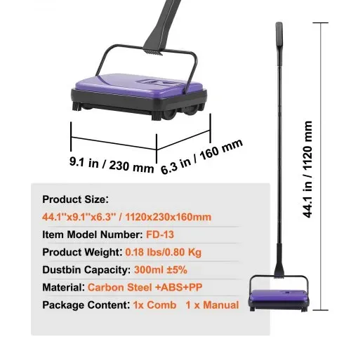 VEVOR Teppichkehrer Teppichbodenkehrmaschine manuell, Bodenkehrer mit 300 ml Staubbehälterkapazität, 17 cm Reinigungsbreite Kehrmaschine für Heimbüro-Teppiche Tierhaarstaub Teppichreinigung, Lila – Bild 6