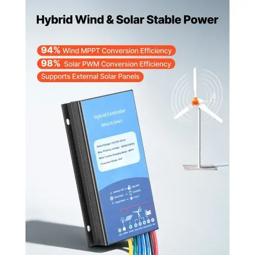 VEVOR 1200W 24V Horizontale Windkraftanlage mit Wind- & Solar-Hybridregler, 3 Rotorblätter, 3-Phasen-Wechselstrom, IP67 & Überladeschutz, MPPT- & PWM-Hybridregler, Windturbine für Wohnhaus RV & Marine – Bild 3
