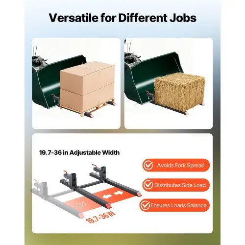 VEVOR Palettengabeln 907 kg, Gabelträger zum Anklemmen, 1090 mm Gesamtlänge, Gabelzinken mit verstellbarer Stabilisatorstange für Traktoranbaugeräte, Ladeschaufel und Kompaktlader, Schwarz – Bild 3