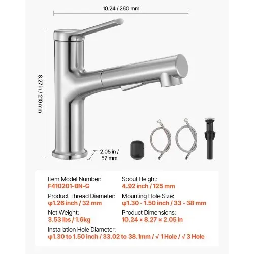 VEVOR Waschtischarmatur Wasserhahn aus gebürstetem Nickel & Edelstahl, Waschbeckenarmatur Küchenwasserarmaturen mitAusziehbrause wassersparend, Einhebelmischer für Badezimmer Wohnmobil Bar-Spüle – Bild 6