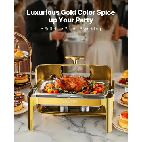 VEVOR Chafing Dish Set Speisenwärmer Edelstahl mit Pfannen in voller Größe (8,5 L), rechteckiger Wärmespender mit sichtbarem Deckel & Wasserpfannenständer & Brennstoffhalter, für Partys Gold VEVOR Chafing Dish Set Speisenwärmer Edelstahl mit Pfannen in voller Größe (8,5 L), rechteckiger Wärmespender mit sichtbarem Deckel & Wasserpfannenständer & Brennstoffhalter, für Partys Gold