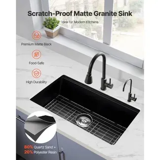 VEVOR Küchenspüle Granitspülen (762 x 457 x 230 mm) zur Aufputzmontage, Einbauspüle im Landhausstil mit Zubehörteilen, Haushaltsspülbecken für Wohnmobile, Vorbereitungsküchen, Bars, schwarz VEVOR Küchenspüle Granitspülen (762 x 457 x 230 mm) zur Aufputzmontage, Einbauspüle im Landhausstil mit Zubehörteilen, Haushaltsspülbecken für Wohnmobile, Vorbereitungsküchen, Bars, schwarz