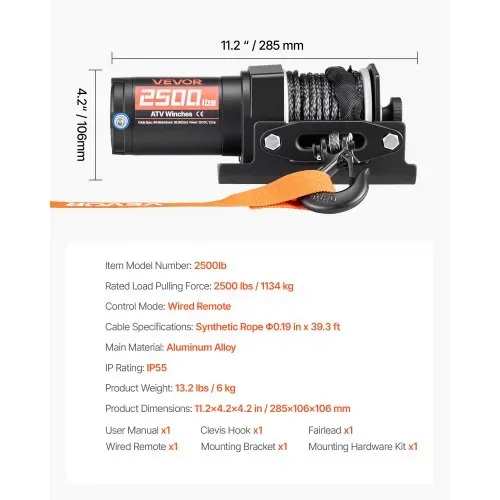 VEVOR Elektrische Seilwinde 1134 kg, 12 V DC Motorwinde mit 4,8 mm x 12 m Synthetikseil & Kabelgebundener Fernbedienung, IP55, Aluminiumgehäuse, Elektrowinde zum Abschleppen von ATVs, Schwarz – Bild 6