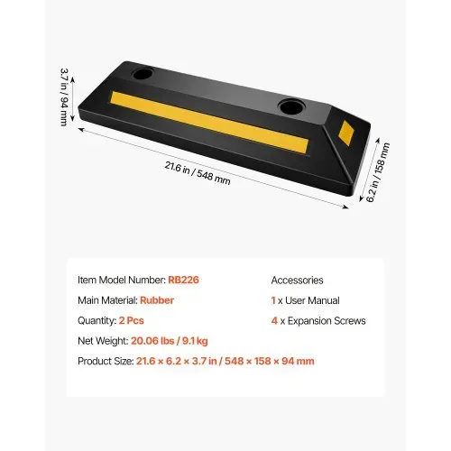 VEVOR Parkstopper Radstopper 2 Stk. 548 x 158 x 94 mm Einparkhilfe Parkbegrenzung mit Reflektorstreifen, Parkplatzsperre aus Gummi für Autos Lieferwagen Lkw, Radführungsblock, Parkplatzbegrenzung – Bild 6