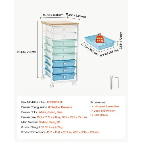 VEVOR Rollwagen mit 8 Schubladen Rollcontainer 400x330x715mm Grün Blau Weiß, Metallgestell, Holztischplatte, Handgriffe, Lenkrolle mit 2 Bremsen, Mobiler Schubladenwagen für Büro Werkstatt Klassenzimmer – Bild 6