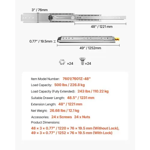 VEVOR 1 Paar Schubladenschienen mit Vollauszug 1221 mm, 226 kg Tragkraft, Schubladenführungen, Kugellager mit Sperre, seitlich montierte Teleskopschienen für Regale, Schränke, Industrieschubladen – Bild 6