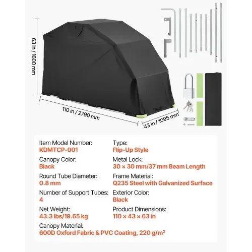 VEVOR Motorrad Zeltgarage, Motorrad Abdeckplane 2790x1095x1600 mm, Motorradgarage mit Sicherheitsschloss, 600D Oxford-Klappzelt, Allwetter-Motorradabdeckung mit Belüftungsfenstern, Schwarz – Bild 6