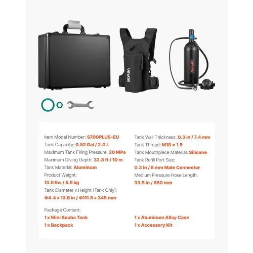 VEVOR Mini-Tauchflasche 2 L, Tragbare Lungenflasche für Unterwasseratmung, Wiederverwendbare Sauerstoffflasche für bis zu 35 Minuten Tauchzeit, Tauchausrüstung mit Rucksack & Tasche – Bild 6
