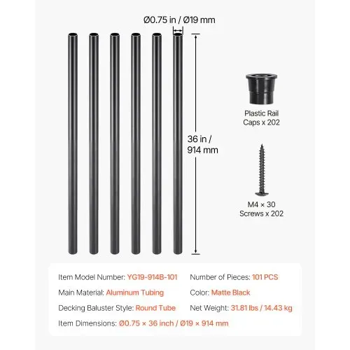 VEVOR Geländerstab, 101er-Set, φ19x914 mm Aluminium Treppenbaluster, runder Zierstab, Hohldeckgeländer mit Geländerkappen und Schrauben für Treppen, Veranda, Terrasse, Mattschwarz – Bild 6