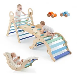 VEVOR Kletterdreieck, 9-in-1 Kletterspielzeug, mit Holzautos, Kissen, Kletterdreieck, Rutsche & Kletterbogen, bis 68 kg, Montessori Indoor Spielset für Kinder im Alter von 1 bis 3 Jahren, Blau VEVOR Kletterdreieck, 9-in-1 Kletterspielzeug, mit Holzautos, Kissen, Kletterdreieck, Rutsche & Kletterbogen, bis 68 kg, Montessori Indoor Spielset für Kinder im Alter von 1 bis 3 Jahren, Blau