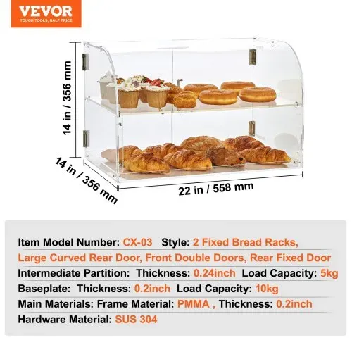VEVOR 3-stöckige Gebäck-Vitrine, Kommerzielle Bäckerei-Vitrine 558 x 356 x 356 mm, Acryl-Vitrine mit mit stabilen Doppelscharnieren, Bäckerei Konditorei Vitrine für Donut-Bagels, Kuchen, Kekse usw. – Bild 6