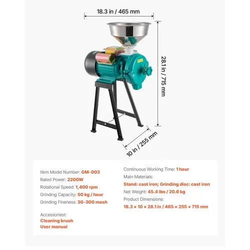 VEVOR Elektrische Getreidemühle 50 kg/h, Getreidemühle 2200 W Gusseisen, Gewürzmühle mit rutschfesten Gummifüßen, für Trockenes Getreide Gewürze Müsli Kaffee Mais Pfeffer, Hochgeschwindigkeit – Bild 6