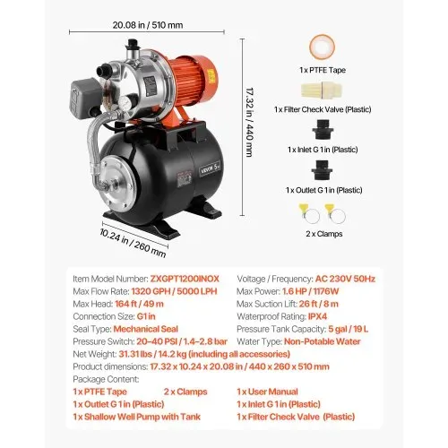 VEVOR Hauswasserwerk 1,6 PS 5000 L/h Flachbrunnenpumpe mit Druckbehälter, für Garten Rasen und Hauswasserversorgung, 49 m Förderhöhe, 8 m Saughöhe, IPX4-Wasserschutz und Manometer zur Druckkontrolle – Bild 6