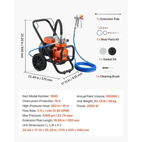 VEVOR Membran-Airless-Farbspritzgerät 2000 W, Rollbares Farbspritzgerät mit 22,75 MPa Hochdruck, 10 m Hochdruckschlauch, Reinigungsnadel und Bürste, für DIY-Sprüharbeiten im Innen- und Außenbereich – Bild 6