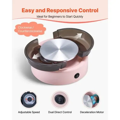 VEVOR Mini Töpferscheibe Maschine 158 mm Drehteller mit einstellbarer Rotationsgeschwindigkeit (0-140 U/min), elektrische Tonscheibe mit Tonformungswerkzeugen für Heimwerken Töpferkurse, Rosa rund – Bild 2
