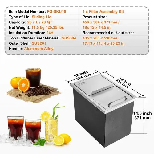 VEVOR 26,7 L Drop-in-Eisbox, 456 x 304 x 371 mm Edelstahl-Eiskühler, Kommerzieller Eisbehälter mit Schiebedeckel, Eingebaute Eisspeichertruhe, Abflussrohr & Ablassstopfen im Lieferumfang Enthalten – Bild 6