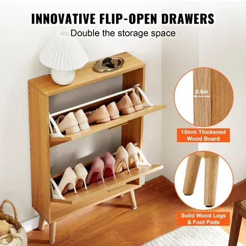 VEVOR Schuhschrank Schmal, Schuhregal Holzfarbe, 600 x 168 x 877 mm Schuhkipper mit 2 Klappen + oberem Staufach, Schuhkommode 36,28 kg Tragfähigkeit, Aufbewahrungsschrank Schuh Massivholz für Flur – Bild 5