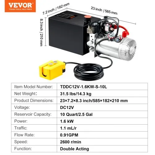 VEVOR Hydraulikpumpe Hydraulikaggregat 12 V Hydraulikaggregat 1600 W, Doppelwirkende Hydraulikpumpe Hydraulic Power Pack, 2,5 Gal Tank Hand Pump Hydraulikaggregat, für Aufzüge, Gabelstapler usw. – Bild 6