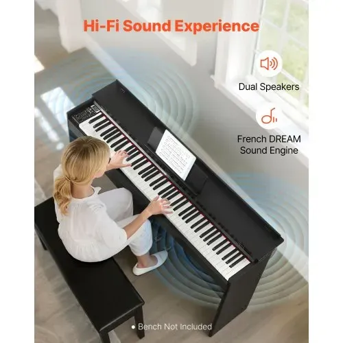VEVOR Digitalpiano, 88 Tasten vollgewichtet anschlagdynamisch, E-Piano mit Möbelständer, Netzteil, Dreifachpedal, 680 Töne, unterstützt kabellose Verbindung, mit Kopfhörern, für Anfänger – Bild 2