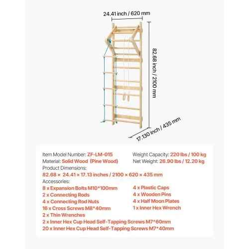 VEVOR schwedische Leiterwand 4 in 1 8-stufiges Kletterspielzeug aus Massivholz 100 kg belastbares Indoor-Klettergerüst mit Turnringen Klimmzugstange Strickleiter Wandleiter – Bild 6