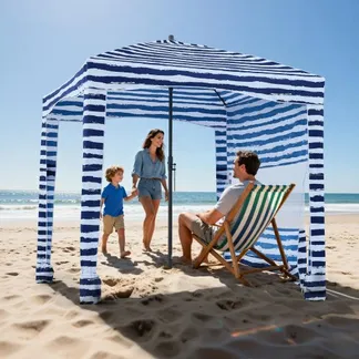 VEVOR Strand-Cabana, 183 x 183 cm Strandüberdachung mit Seitenwand, UPF 50+ Sonnenschutz, Strandpavillon mit Sandsäcken, tragbarer Sonnenschutz Sonnenschirm für Familie Freunde marineblaue Streifen VEVOR Strand-Cabana, 183 x 183 cm Strandüberdachung mit Seitenwand, UPF 50+ Sonnenschutz, Strandpavillon mit Sandsäcken, tragbarer Sonnenschutz Sonnenschirm für Familie Freunde marineblaue Streifen