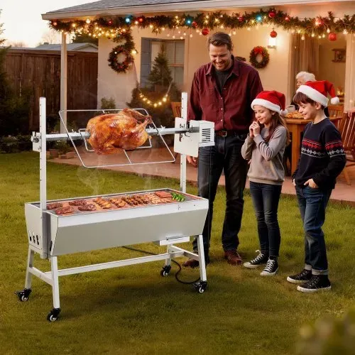VEVOR Drehspießgrill 38 W Spanferkelgrill Lammgrill Holzkohlegrill (94 cm Grilllänge) mit 60 kg Tragkraft & Rädern & 7-facher Höhenverstellung, Edelstahl-Elektrogrill-Set für Camping Outdoor – Bild 7