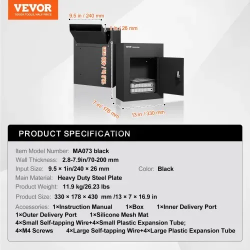 VEVOR Mauerdurchwurf Briefkasten, robuster Einbaubriefkasten aus Stahl für Wände mit einer Dicke von 70 bis 200 mm, Zahlenschloss, 330 x 178 x 430 mm Mauerbriefkasten, schwarz – Bild 6