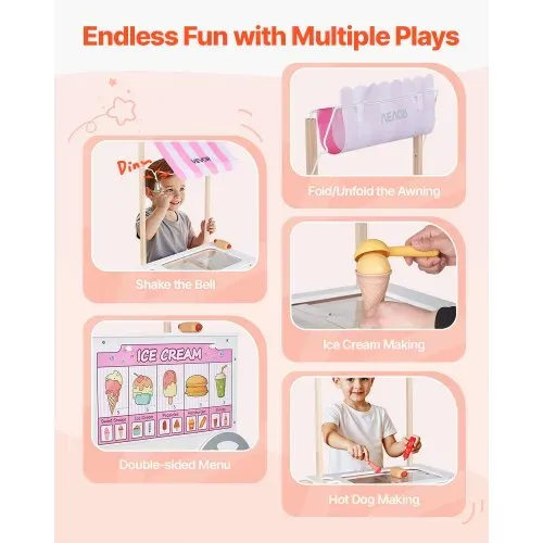 VEVOR Eiswagen für Kinder, 20+ Zubehörteile, Eisdielen-Spielzeugküche mit Eistüte, Markise & Gefrierschrank, Aufbewahrungsschubladen & umblätterbaren Speisekarten, für Kinder von 3–7 Jahren – Bild 4