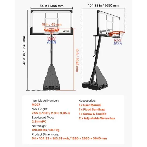 VEVOR tragbarer Basketballständer, 2,3-3,05 m höhenverstellbarer (manuell) Basketballkorb, Basketballanlage mit 139 cm PC-Rückwand, Basketballkorsystem Backboard-Set für Terrassen Schulen – Bild 6