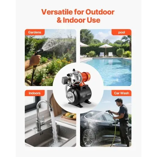 VEVOR Hauswasserwerk 1,6 PS 5000 L/h Flachbrunnenpumpe mit Druckbehälter, für Garten Rasen und Hauswasserversorgung, 49 m Förderhöhe, 8 m Saughöhe, IPX4-Wasserschutz und Manometer zur Druckkontrolle – Bild 5