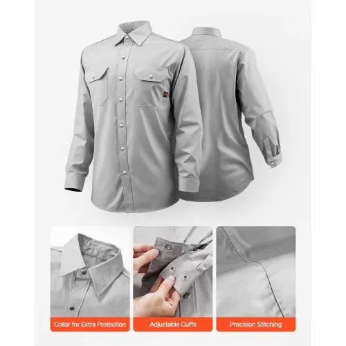 VEVOR FR-Arbeitsjacke für Herren, Flammhemmende Schweißerjacke, maschinenwaschbares hitzebeständiges Schweißerhemd aus Baumwolle, erfüllt ATPV 9,2 cal/cm² Lichtbogenbewertung – Größe L, Grau – Bild 4