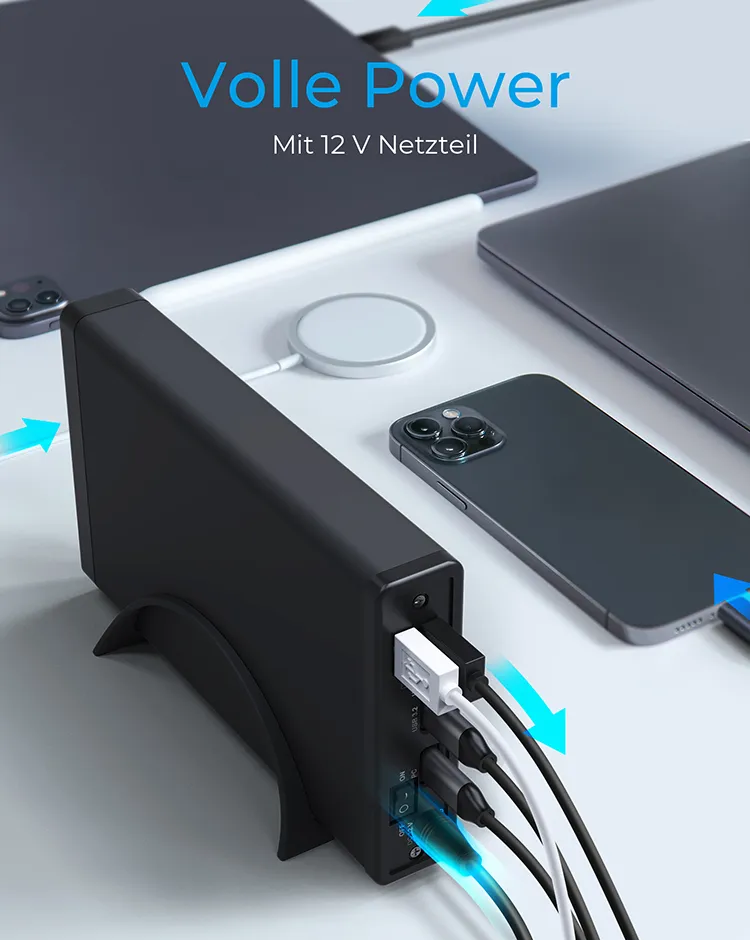 ICY BOX IB-382H-C31, USB 3.2 Gen 2 Gehäuse für 2,5'' od. 3,5'' SATA HDD/SSD, integrierter Hub 1x USB-C 2x USB-A, 10 Gbit/s, 12V 3A Netzteil, schwarz – Bild 5