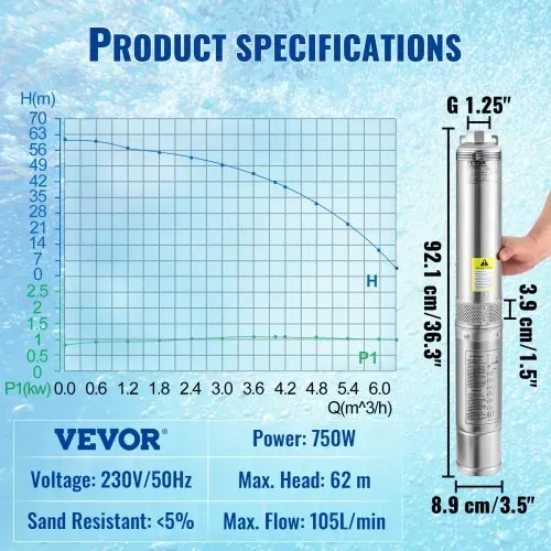 VEVOR 88,9 mm Tiefbrunnenpumpe 750W Brunnenpumpe 105L/min Tauchpumpe max. Förderhöhe 62m Rohrpumpe 230V 50Hz Sandpumpe IP68 Wasserpumpe mit 20m Kabel Pumpe Ideal zur Bewässerung oder Wasser-Versorgung – Bild 6