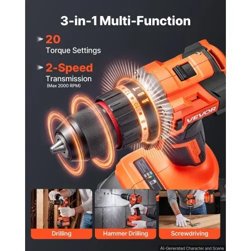 VEVOR Akku-Schlagbohrschrauber 20V 12,7 mm 26000 IPM 500 U/min/2.000 U/min, zum Bohren in Holz & Metall sowie zum Schrauben, 4000-mAh-Lithium-Ionen-Akku & Ladegerät, mit Ganzmetall-Bohrfutter, 90 Nm – Bild 3