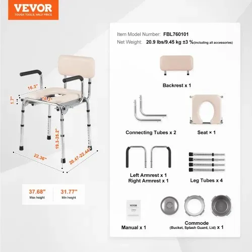VEVOR Toilettenstuhl, Nachtstuhl mit Gepolstertem Sitz, Herunterklappbaren Armlehnen, 7-stufig Höhenverstellbar 490-640 mm, Abnehmbarer Eimer, 158,8 kg Belastbar, Tragbare Toilette für Erwachsene – Bild 6