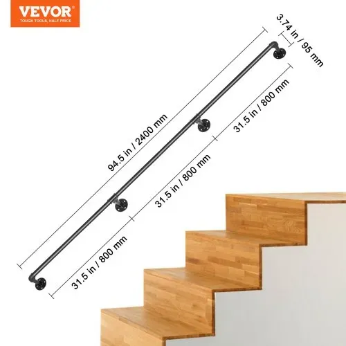 VEVOR 3x Retro Wasserrohr Handlauf 240cm Industrieller Geländer Schutzbügel Kohlenstoffstahl 4x Wandhalterungen Handlauf Rustikal 200kg Tragfähigkeit Geeignet für Handläufe im Innen-/Außenbereich – Bild 6