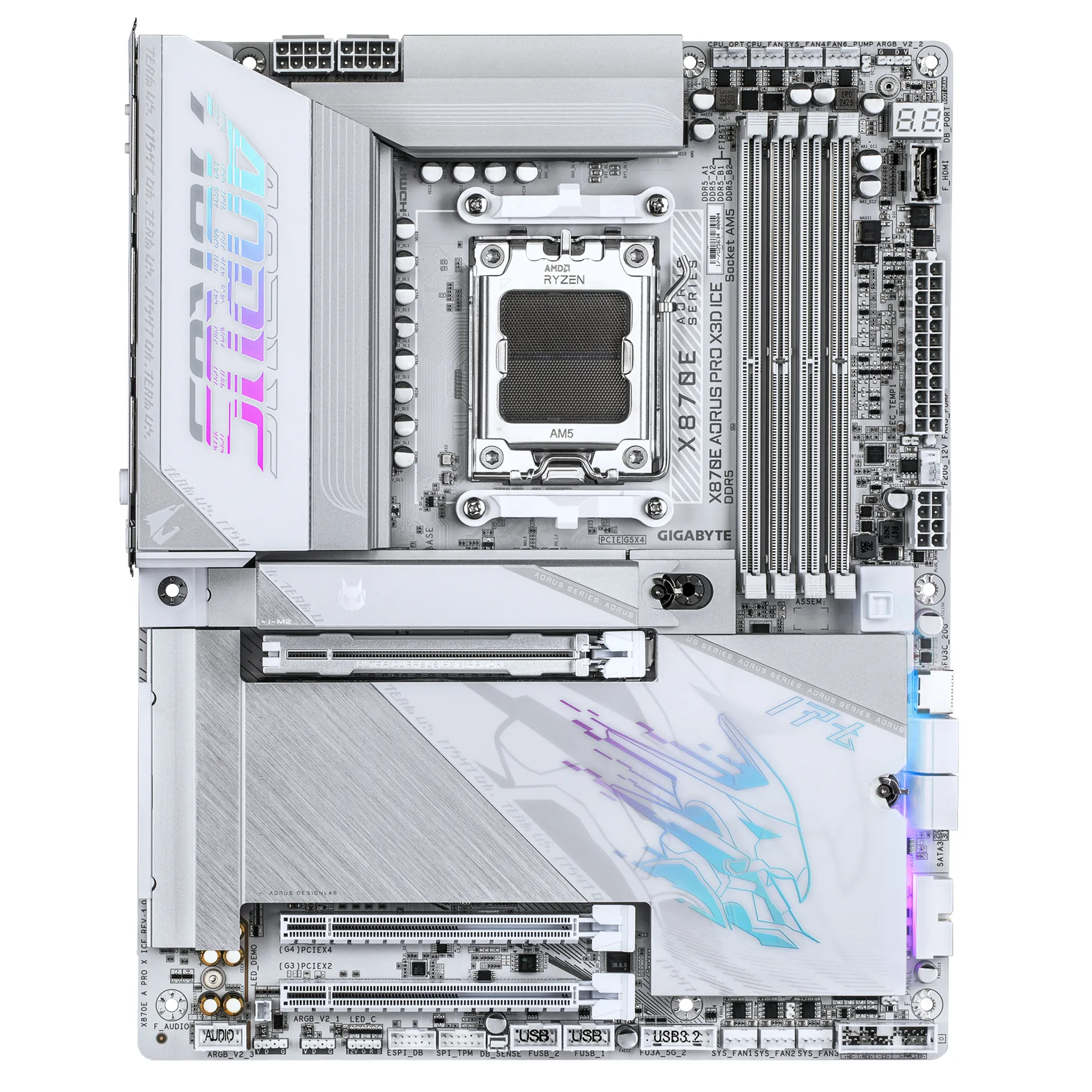 GIGABYTE X870E AORUS PRO X3D ICE Mainboard – Unterstützt AMD Ryzen 9000 Prozessoren, 18+2+2-Phasen Digital-VRM, bis zu 9000 Hz DDR5 (OC), 2 x PCIe 5.0 + 2 x PCIe 4.0, Wi-Fi 7, 5 GbE LAN, USB 4 – Bild 2