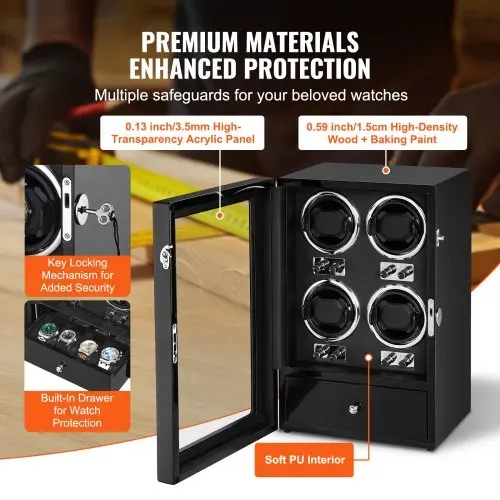 VEVOR Uhrenbeweger, Automatik-Uhrenbeweger, Watch Winder, Uhrenbeweger für Automatikuhren, Automatischer Uhrenbeweger mit Platz für 4 Uhren, LED Beleuchtung, 150–207 mm Einstellbar Riemenlänge – Bild 5