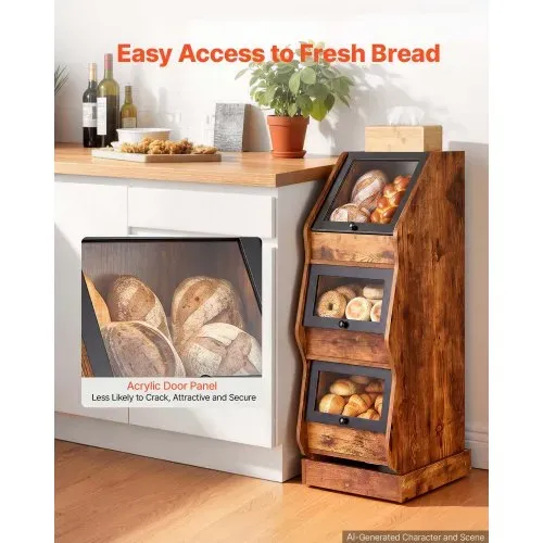 VEVOR Brotkasten Freistehend Brotschrank mit vier Rollen aus MDF Braun Ideal für Bagels, Muffins & Selbstgebackenes Brot, Einschiebbare Klapptüren mit Griffen, Transparentem Acrylfenster, 3 Ebenen – Bild 2