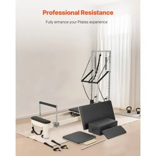 VEVOR Pilates Reformer Maschine für den Einsatz im Heim-Fitnessstudio, Krafttrainingsgerät mit doppeltem Widerstand, Reformer-Box & Sprungbrett, für Fortgeschrittene & Anfänger, bis zu 181,44 kg – Bild 2