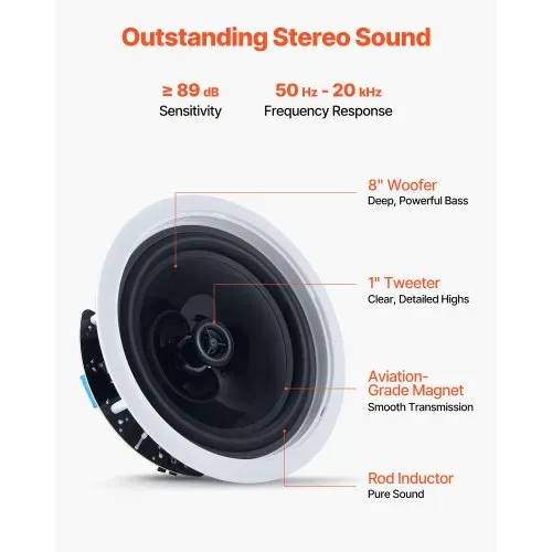 VEVOR 2 Einbaulautsprecher Bluetooth 203,2 mm, 2-Wege Lautsprecher mit Verstärker & 50 W Spitzenleistung, Kabelgebundene Deckenlautsprecher für Heimkino, Überdachte Terrasse & Flächenbündige Montage – Bild 3
