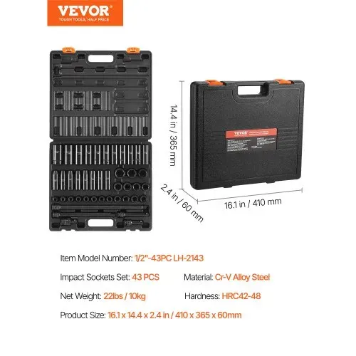VEVOR Schlag-Steckschlüssel-Set 1.27cm, 43-teiliges Schlag-Steckschlüssel-Set, Standard-Steckschlüssel-Sortiment, 12,7 mm Steckschlüsselsatz, 6-Punkt-Steckschlüsselsätze, Metrisch 9–30mm – Bild 6