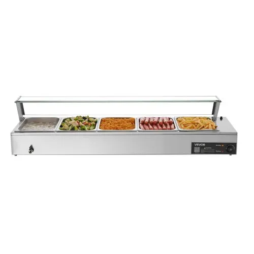 VEVOR kommerzieller Speisenwärmer mit Glasabdeckung & 5 Behälter (1/2-Größe) 1,5 kW Buffetwärmer Edelstahl, Buffetbehälter Buffet-Wasserbad Speisenwärmstation für Restaurants Partys Buffets – Bild 10