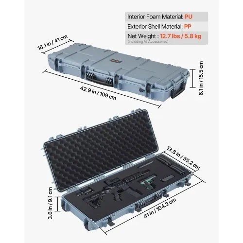 VEVOR Waffenkoffer mit Hartschale für Langwaffen, abschließbarer Gewehrkoffer mit vorgeschnittenen Schaumstoffen, Langwaffenkoffer Waffenaufbewahrung rollbar IP67 wasserfest, 109 x 41 x 15,5 cm Grau – Bild 2